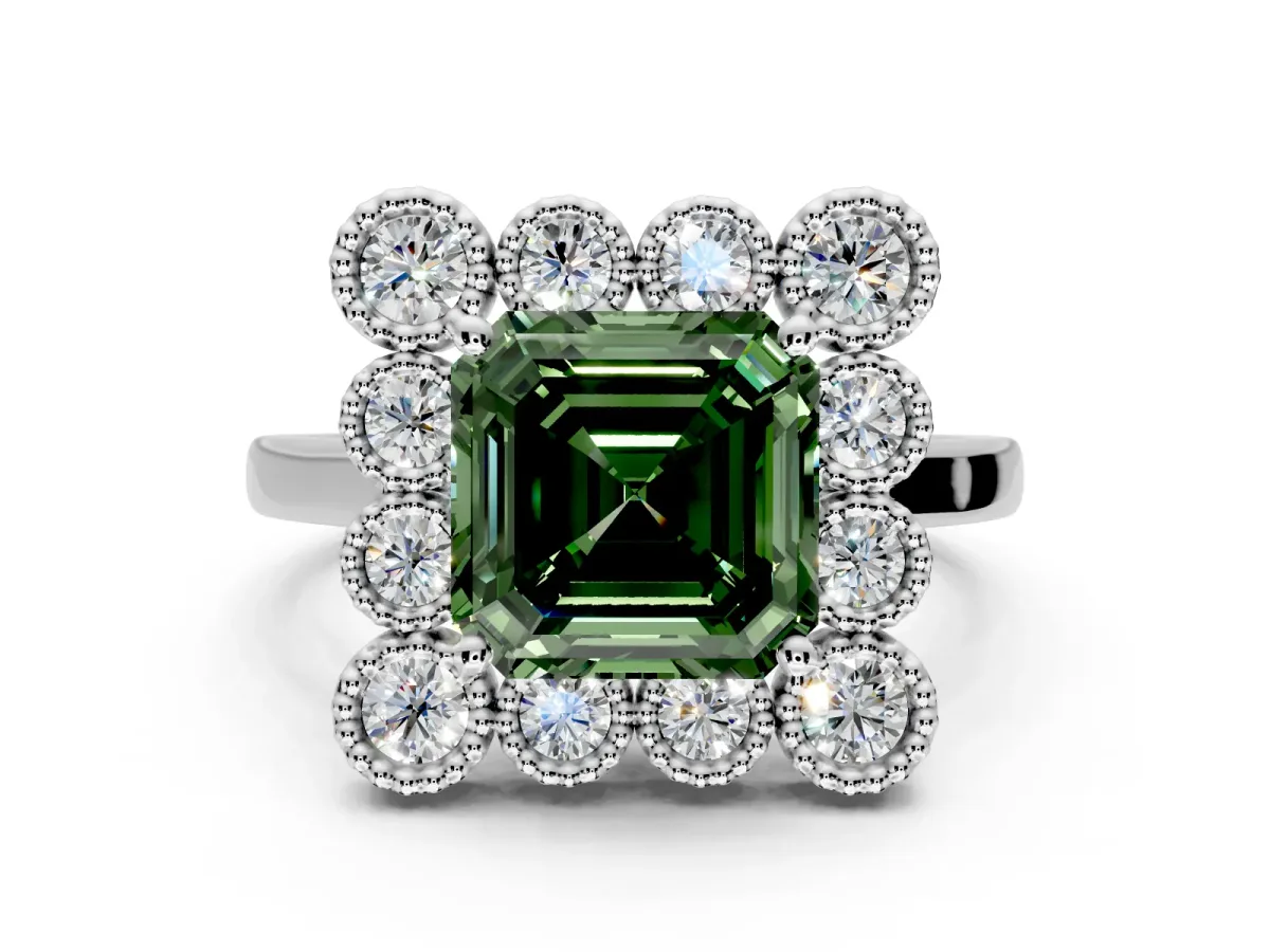Cluster Halo Engagement Ring Setting for Fancy Green Asscher Cut Center with Milgrain Bezel Accents and Prong Head in Platinum
