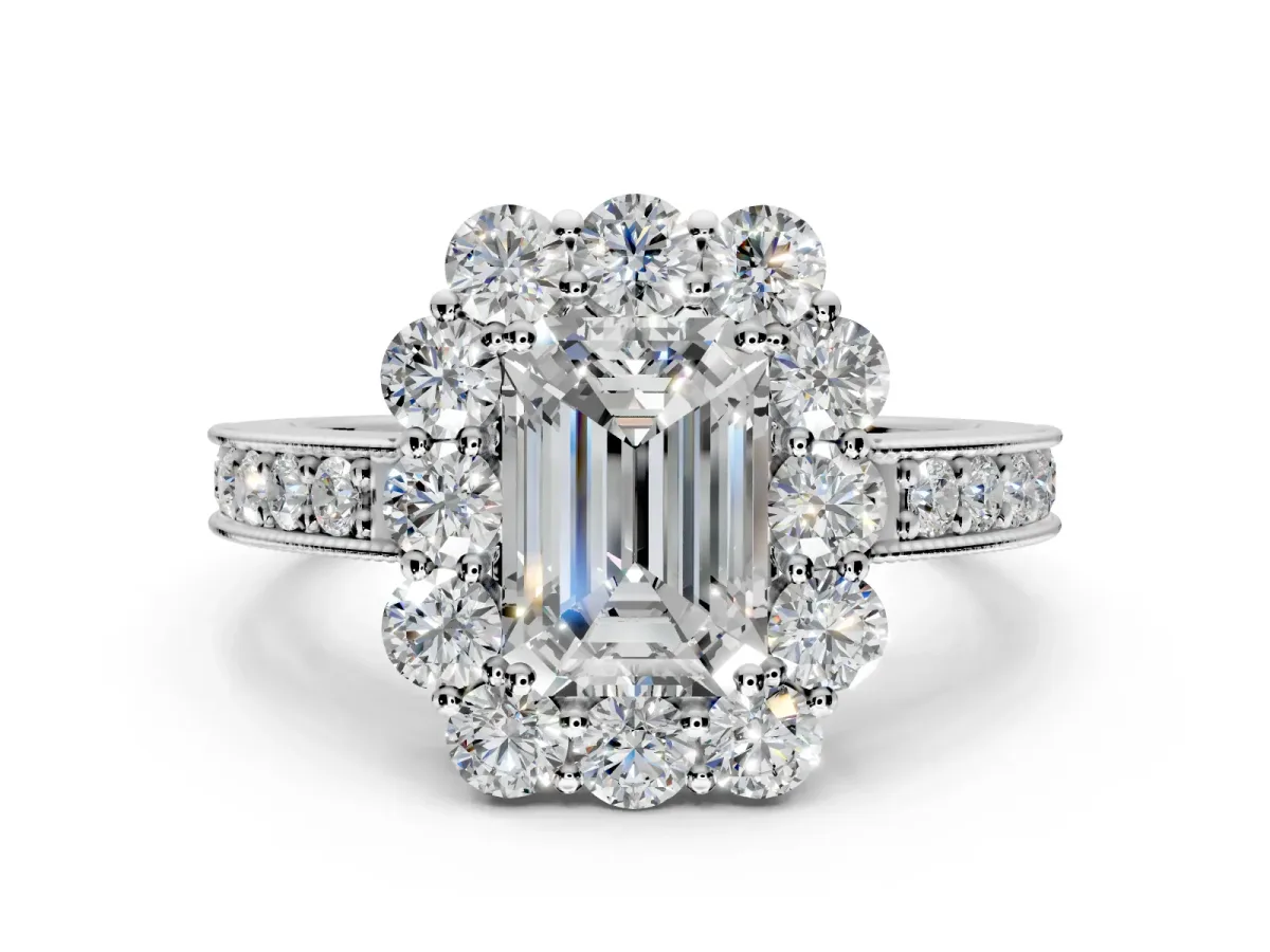Halo Engagement Ring Setting for Emerald Cut Center with Milgrain Channel Band and Prong Head in Platinum