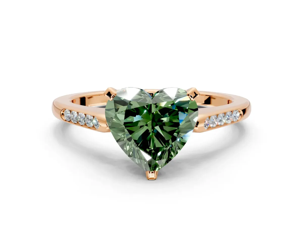 Solitaire Engagement Ring Setting for Fancy Green Heart-Shaped Center with Channel Accents and Prong Head in Rose Gold