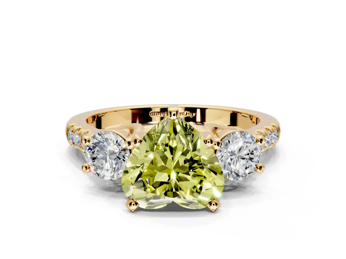 3 Stone Engagement Ring Setting for Fancy Yellow Heart-Shaped Center with Crossover Basket, Pave Band and Prong Head in Yellow Gold