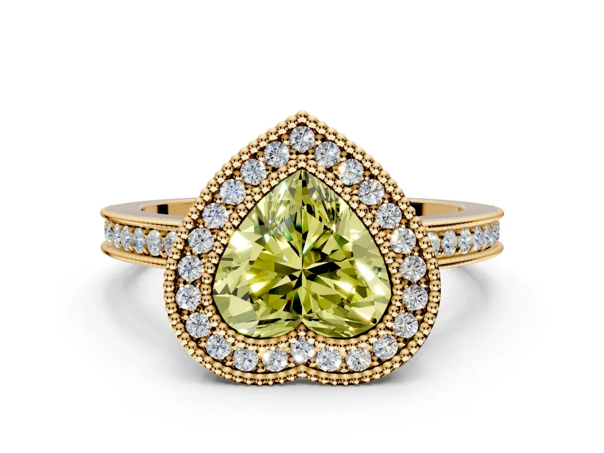 Halo Engagement Ring Setting for Fancy Yellow Heart-Shaped Center with Milgrain Halo, Pave Band and Prong Head in Yellow Gold