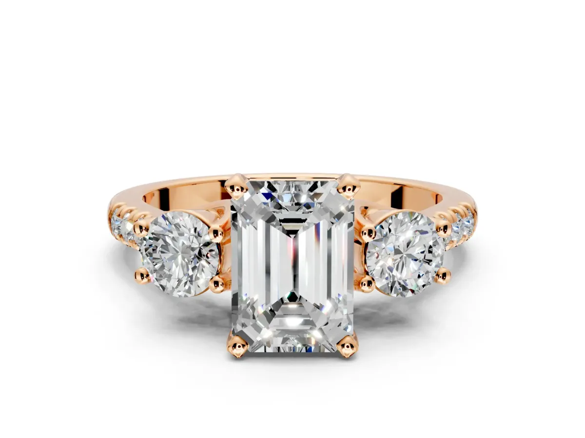 3 Stone Engagement Ring Setting for Emerald Cut Center with Crossover Basket, Pave Band and Prong Head in Rose Gold