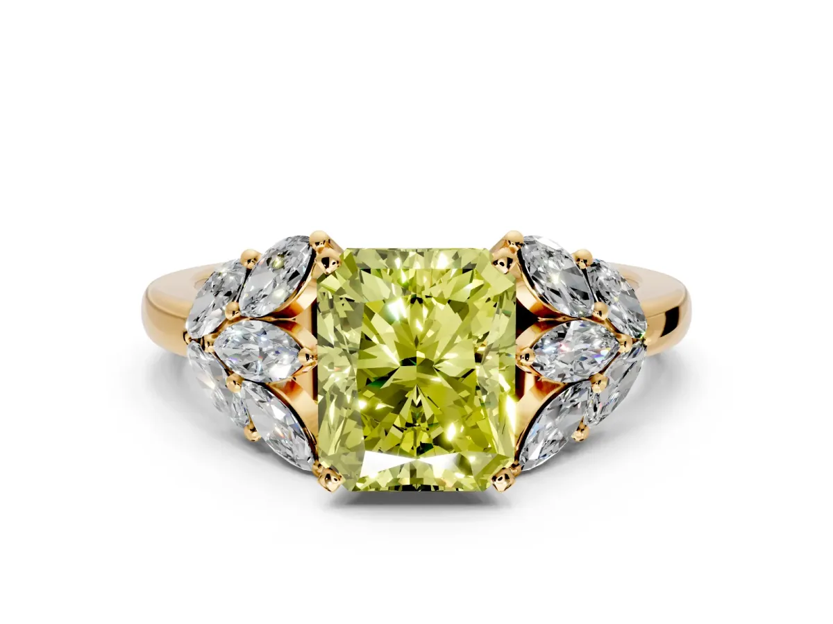 Leaf Cluster Engagement Ring Setting for Fancy Yellow Radiant Cut Center with Marquise Accents and Prong Head in Yellow Gold