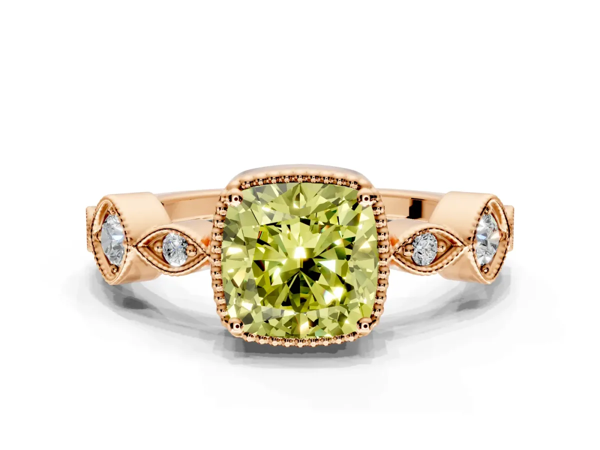 Vintage Station Engagement Ring Setting for Fancy Yellow Cushion Cut Center with Accents and Prong Head in Rose Gold