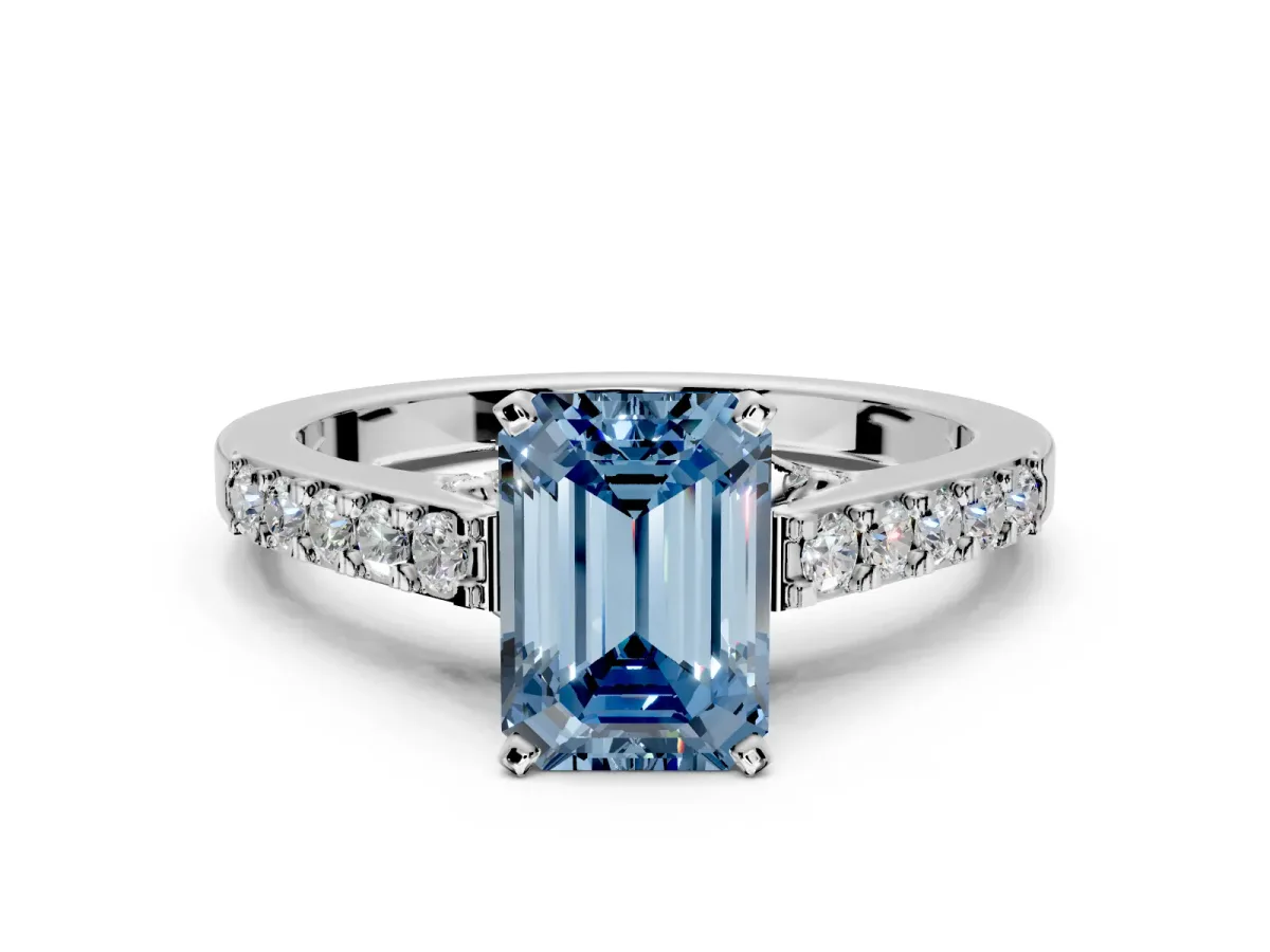 Solitaire Engagement Ring Setting for Fancy Blue Emerald Cut Center with Crossover Accents and Prong Head in Platinum