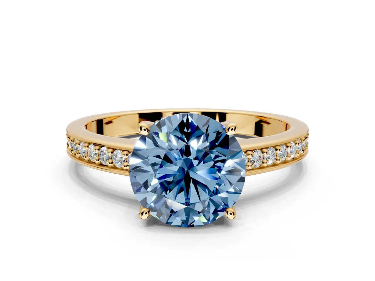 Solitaire Engagement Ring Setting for Fancy Blue Round Cut Center with Channel-Set Accent Band and Prong Head in Yellow Gold