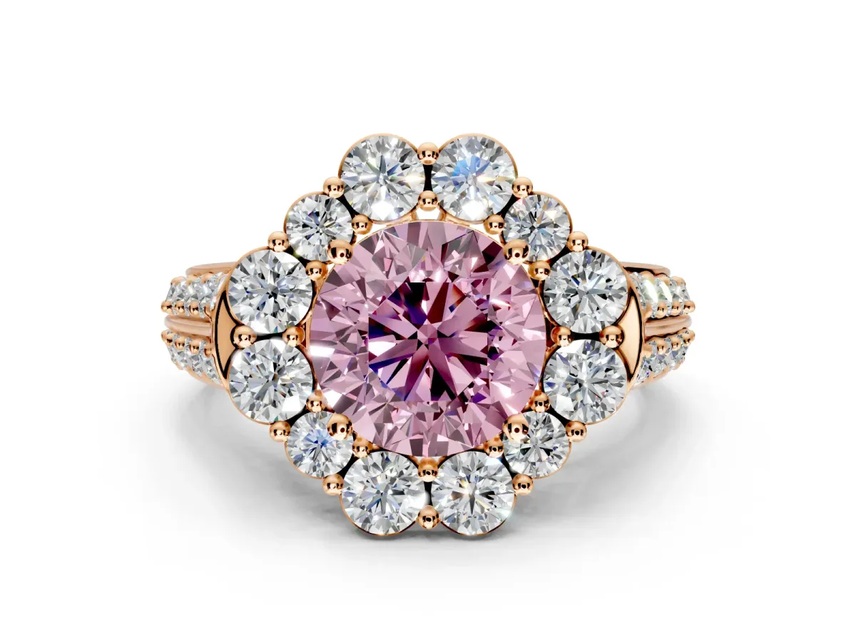 Large Accent Halo Engagement Ring Setting for Fancy Pink Round Cut Center with Pave Split Shank and Prong Head in Rose Gold