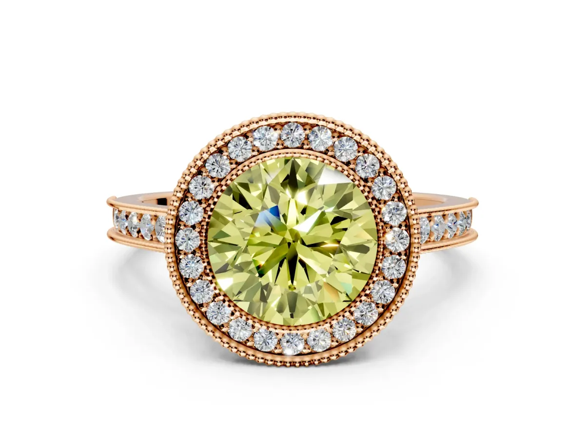 Halo Engagement Ring Setting for Fancy Yellow Round Cut Center with Milgrain Pave Band and Bezel Head in Rose Gold