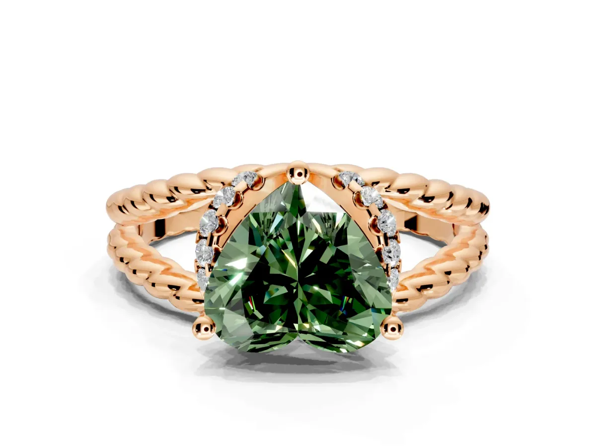 Halo Engagement Ring Setting for Fancy Green Heart-Shaped Center with Rope Twist Split Shank and Prong Head in Rose Gold