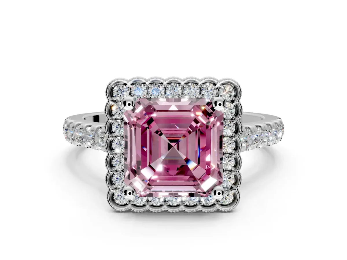 Milgrain Floral Halo Engagement Ring Setting for Fancy Pink Asscher Cut Center with Pave Band and Prong Head in Platinum