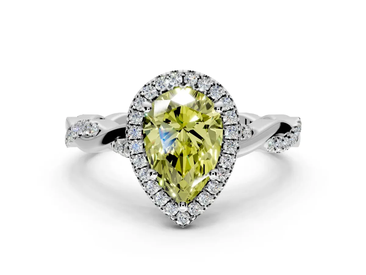Halo Engagement Ring Setting for Fancy Yellow Pear-Shaped Center with Pave and Plain Twist Band and Prong Head in Platinum