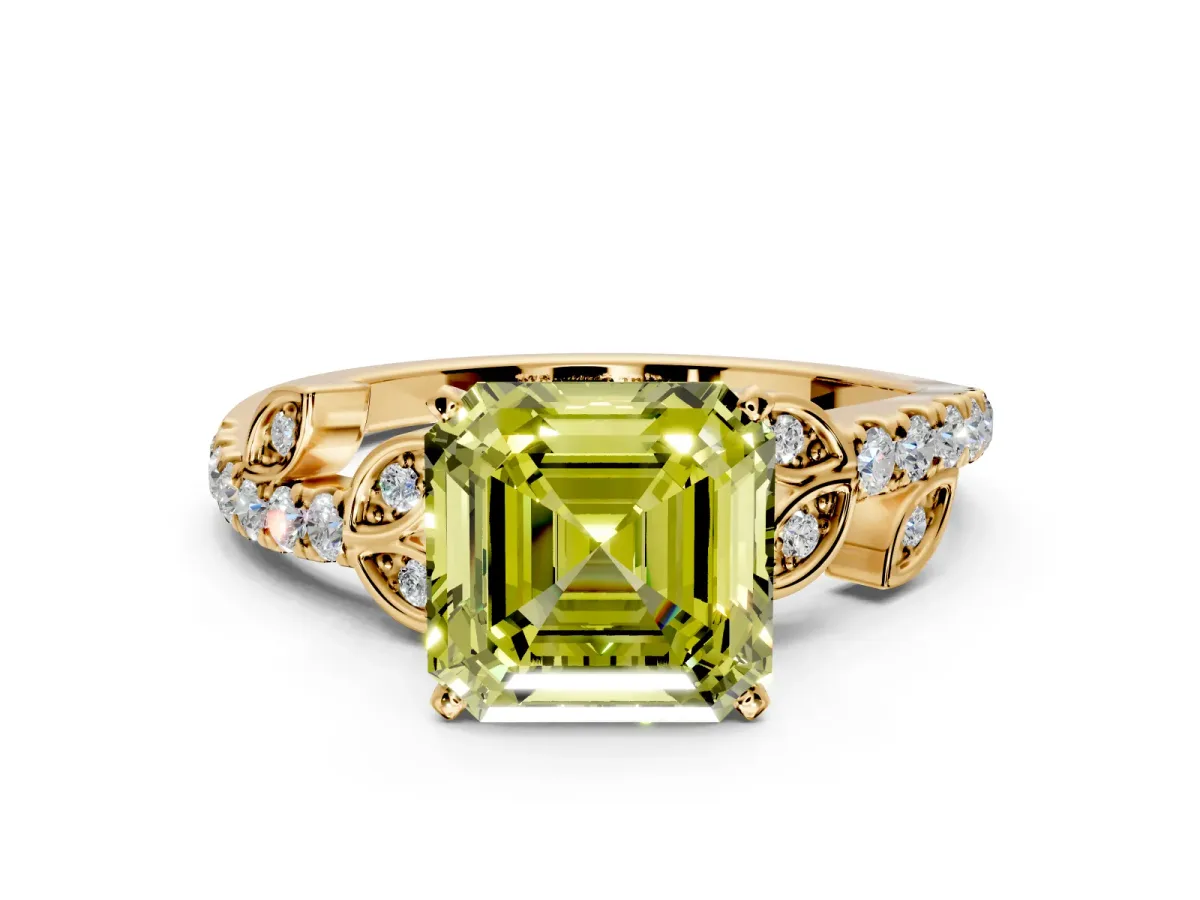 Leaf Motif Engagement Ring Setting for Fancy Yellow Asscher Cut Center with Pave Band and Prong Head in Yellow Gold