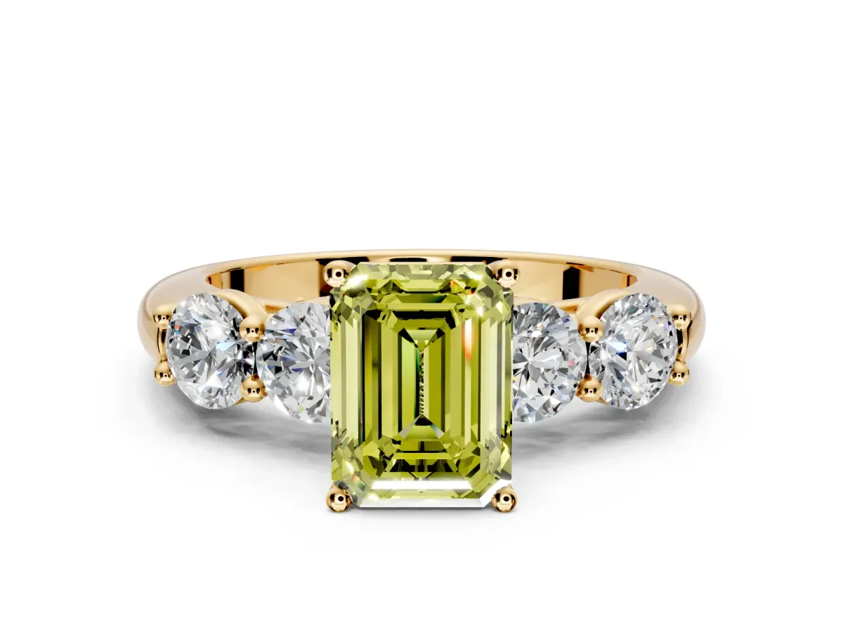 5 Stone Engagement Ring Setting for Fancy Yellow Emerald Cut Center with Graduated Accents and Prong Head in Yellow Gold