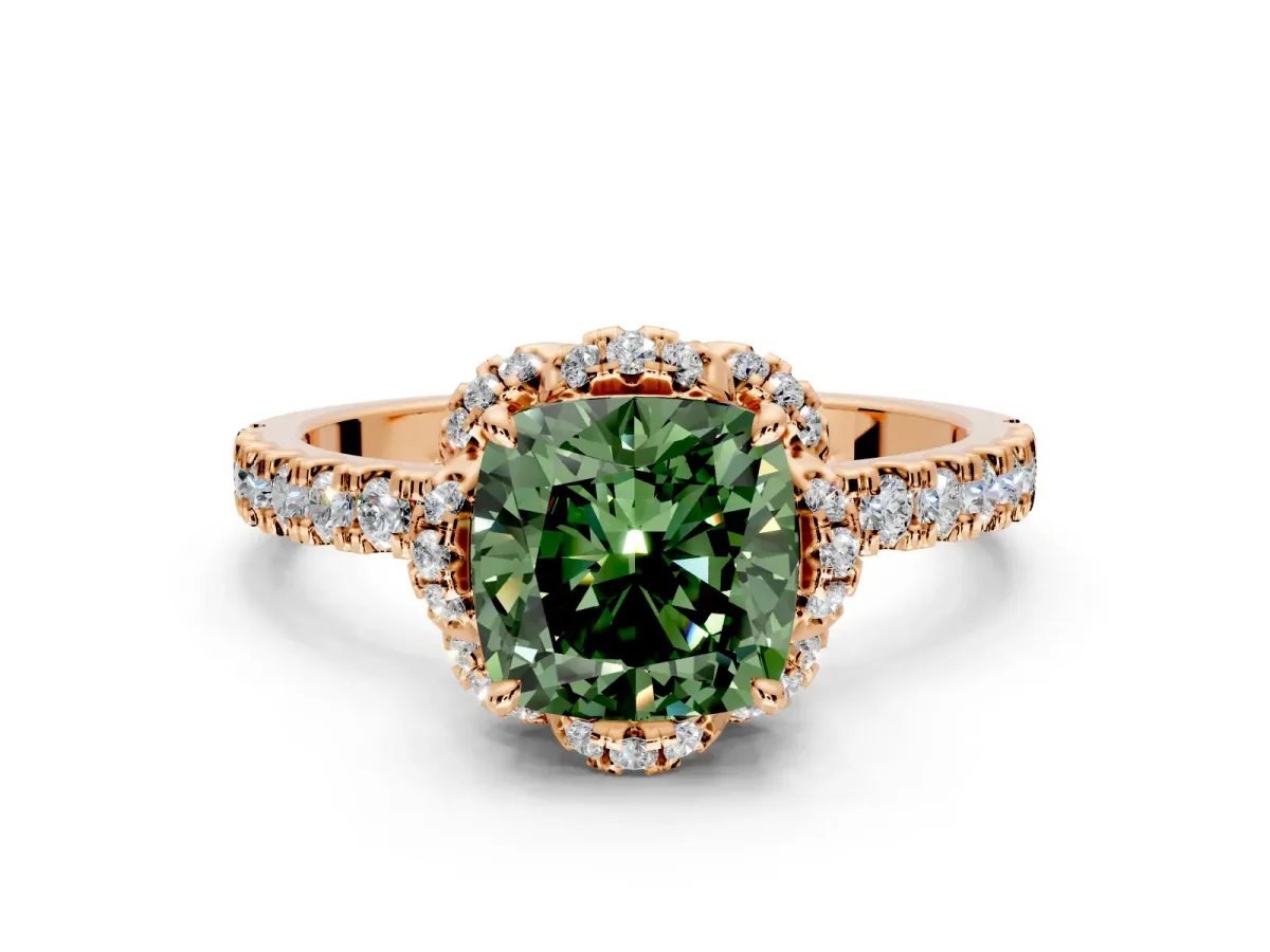 Halo Engagement Ring Setting for Fancy Green Cushion Cut Center with Openwork Halo, Pave Band and Prong Head in Rose Gold