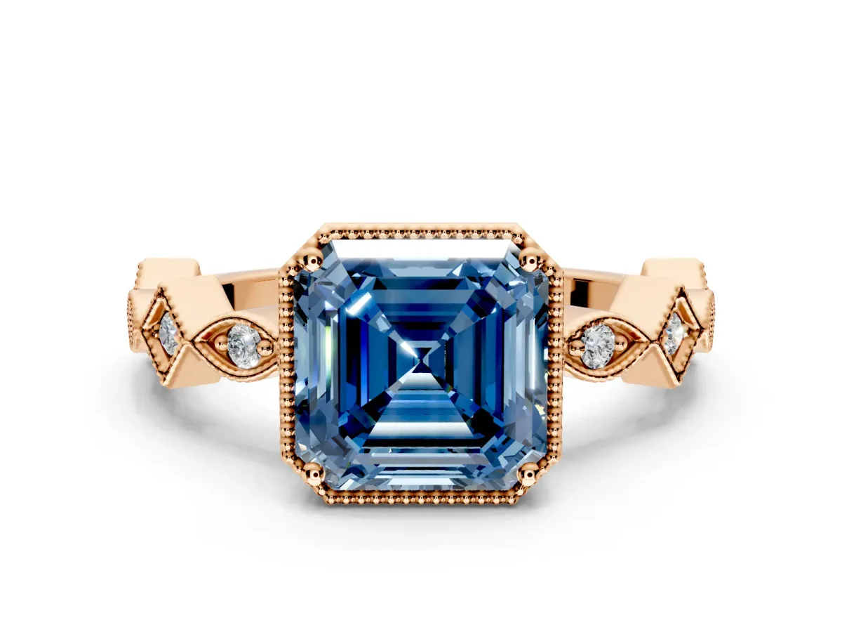 Milgrain Bezel Engagement Ring Setting for Fancy Blue Asscher Cut Center with Marquise Stations and Bezel Head in Rose Gold