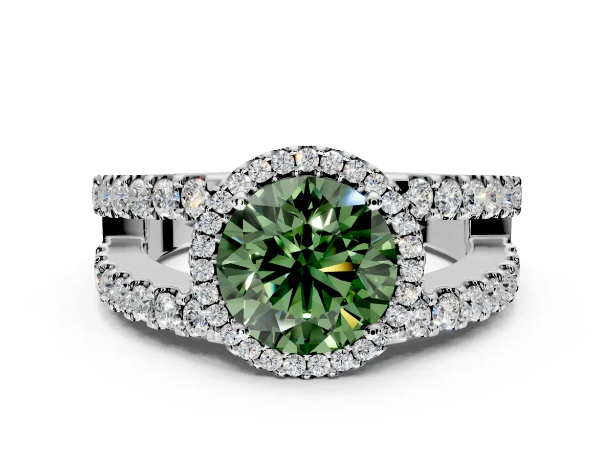 Halo Engagement Ring Setting for Fancy Green Round Cut Center with Wide-Open Pave Split Shank and Prong Head in Platinum