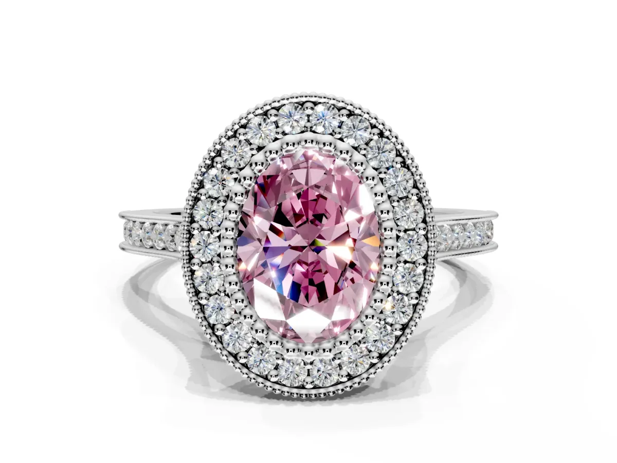 Halo Engagement Ring Setting for Fancy Pink Oval Center with Milgrain Frame, Pave Band and Prong Head in White Gold