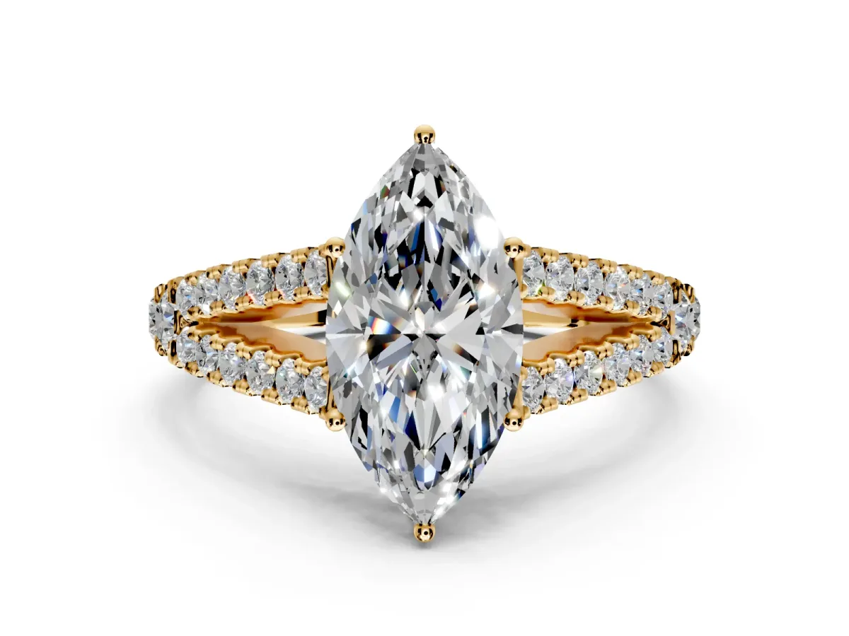 Solitaire Engagement Ring Setting for Marquise Center with Pave Split Shank and Prong Head in Yellow Gold