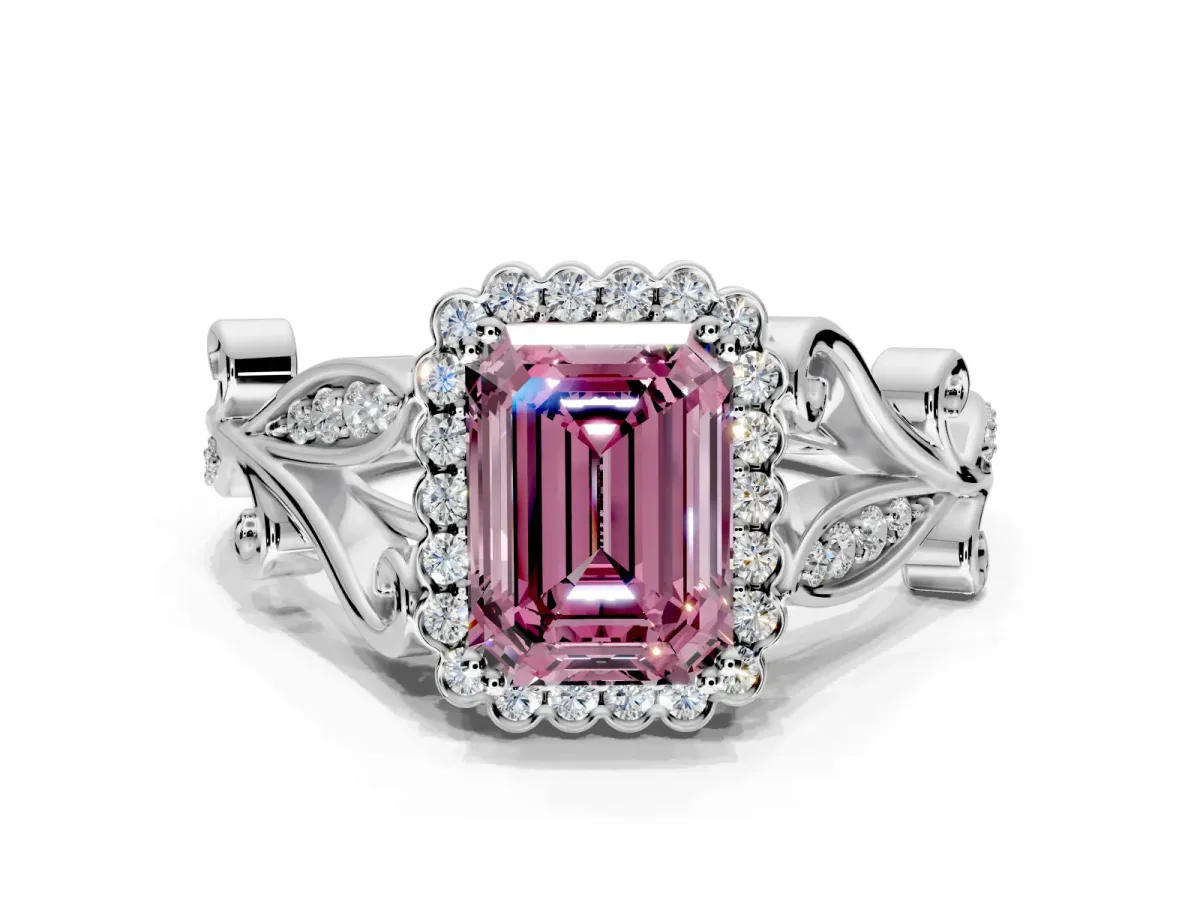 Halo Engagement Ring Setting for Fancy Pink Emerald Cut Center with Leaf Motif Split Shank and Prong Head in Sterling Silver