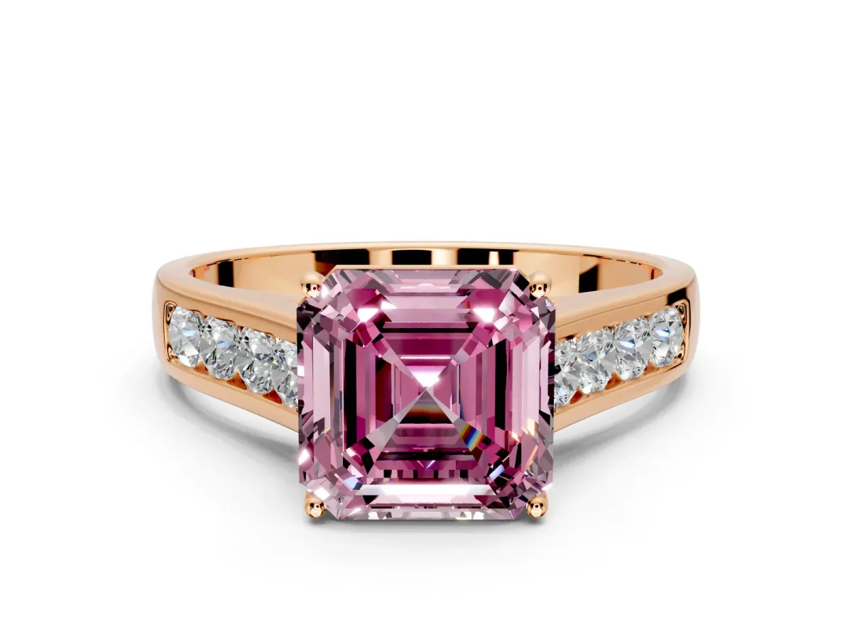 Solitaire Engagement Ring Setting for Fancy Pink Asscher Cut Center with Round Cut Channel Band and Prong Head in Rose Gold