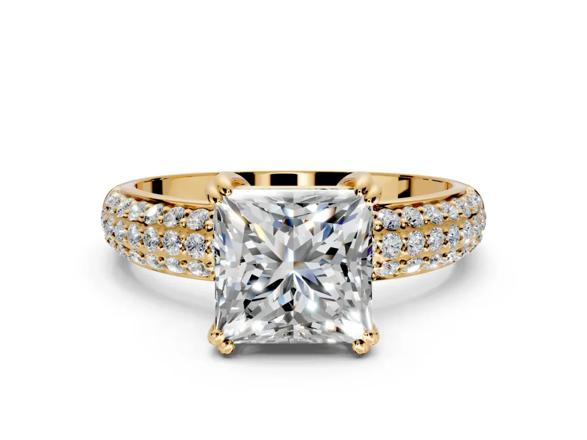 Solitaire Engagement Ring Setting for Princess Cut Center with Multi-Row Pave Accents and Basket Head in Yellow Gold