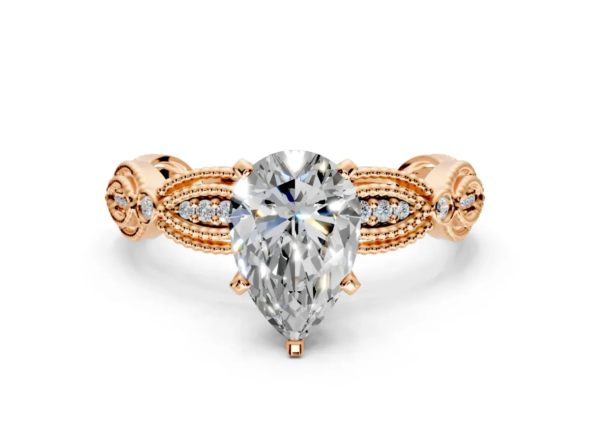 Solitaire Engagement Ring Setting for Pear-Shaped Center with Marquise Panel Band and Prong Head in Rose Gold