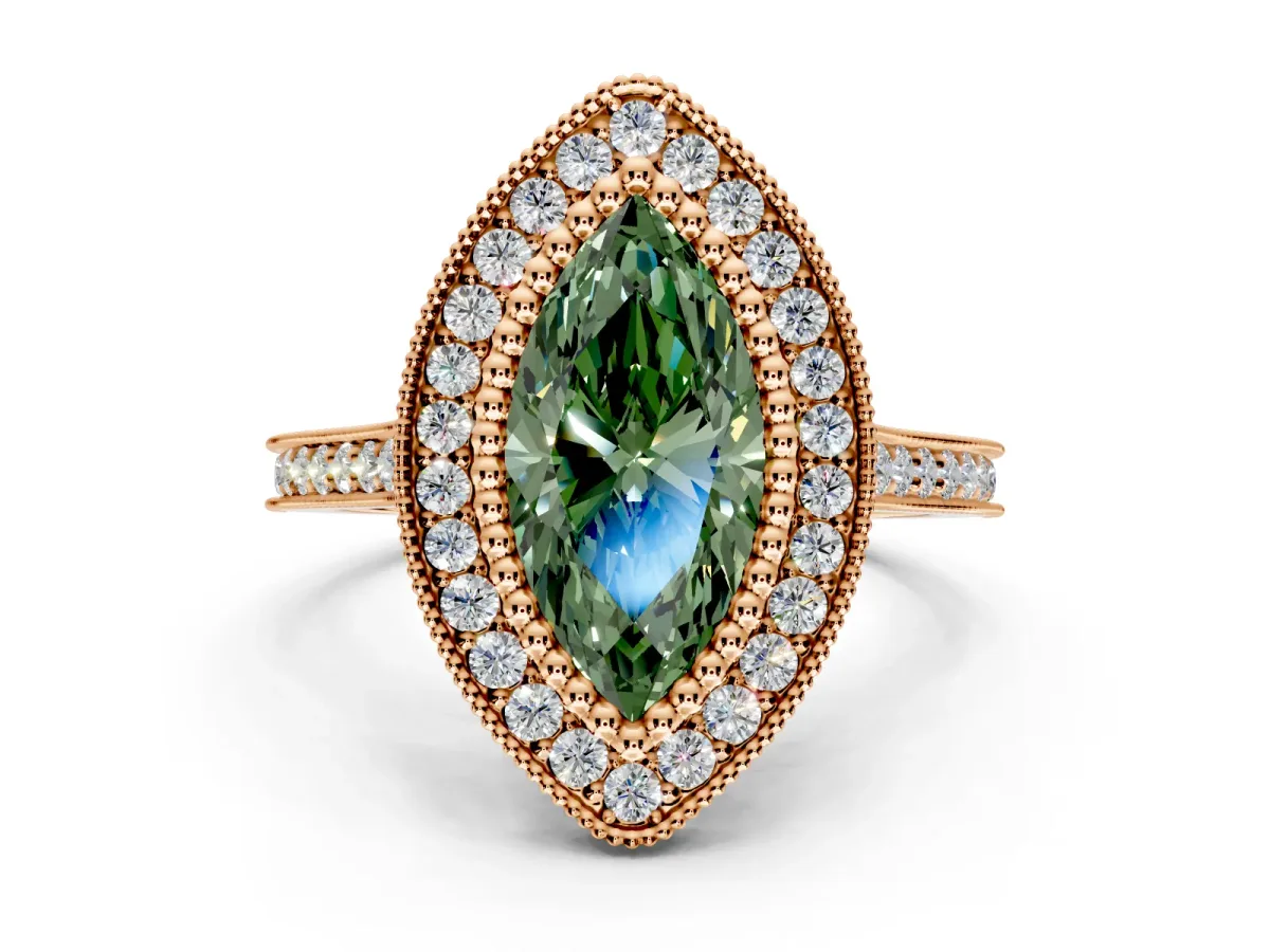 Halo Engagement Ring Setting for Fancy Green Marquise Center with Milgrain Frame, Pave Band and Prong Head in Rose Gold