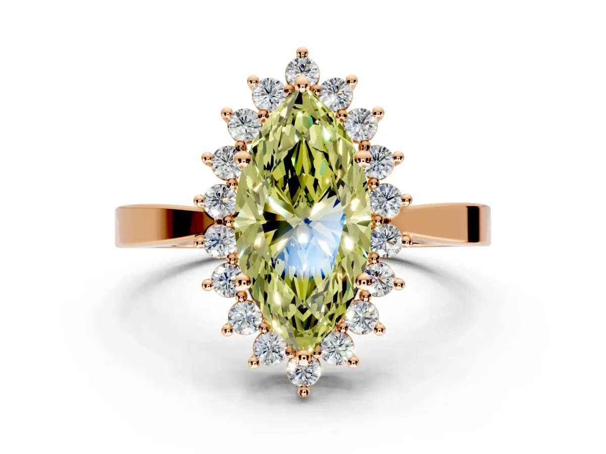 Starburst Halo Engagement Ring Setting for Fancy Yellow Marquise Center with Flat Cathedral Band and Prong Head in Rose Gold