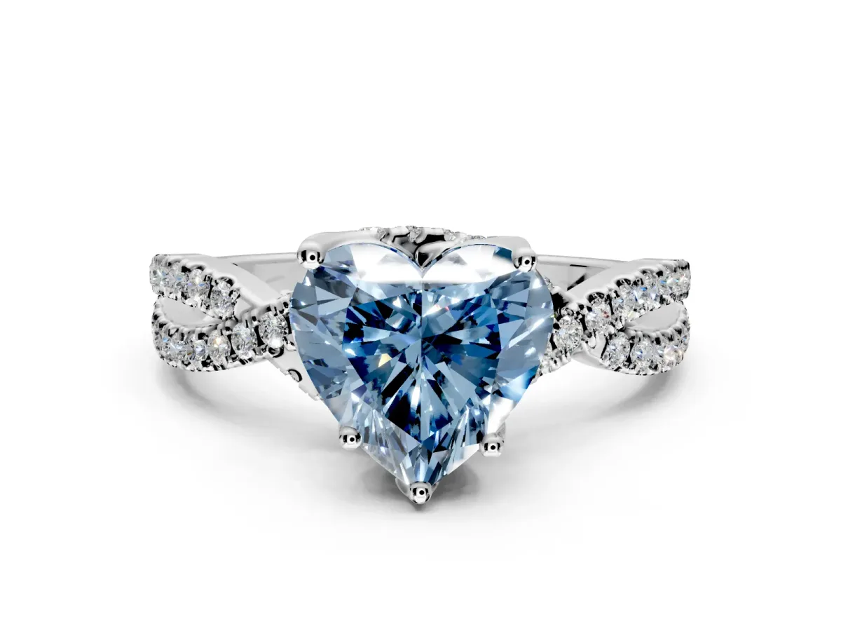 Solitaire Engagement Ring Setting for Fancy Blue Heart-Shaped Center with Narrow Twist Pave Band and Prong Head in Sterling Silver
