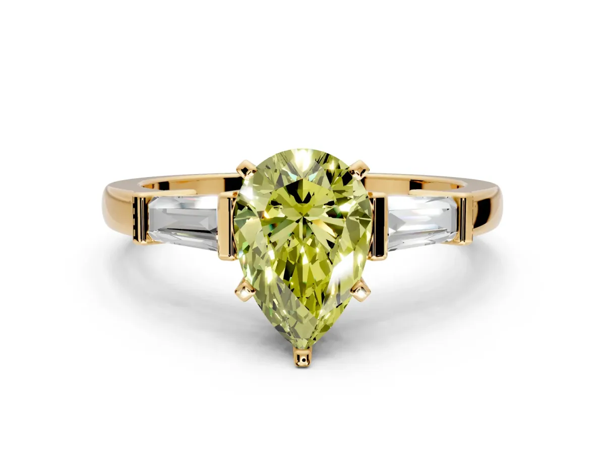 3 Stone Engagement Ring Setting for Fancy Yellow Pear-Shaped Center with Channel Baguette Accents and Prong Head in Yellow Gold