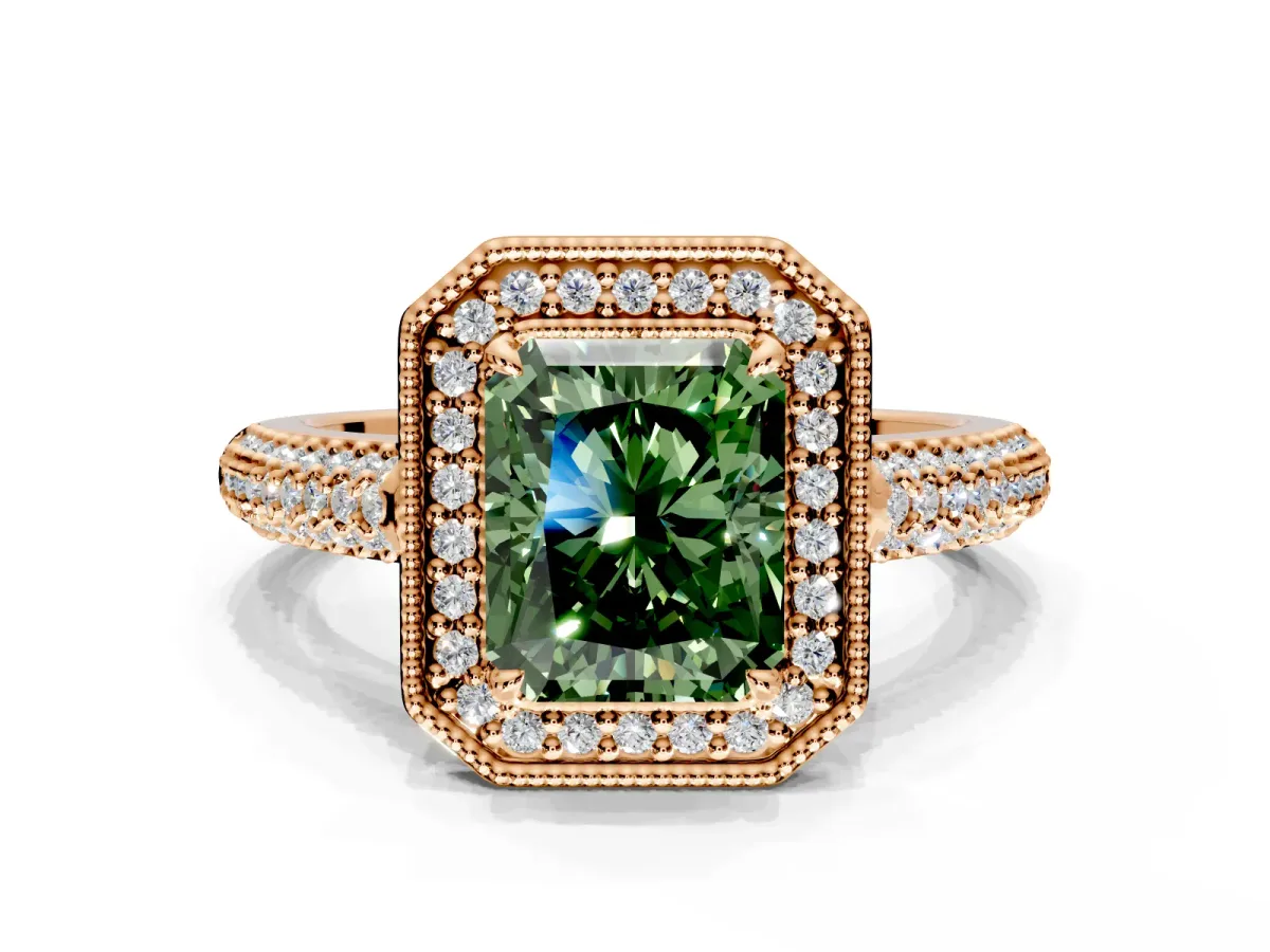 Milgrain Halo Engagement Ring Setting for Fancy Green Radiant Cut Center with Three-Sided Pave Band and Prong Head in Rose Gold