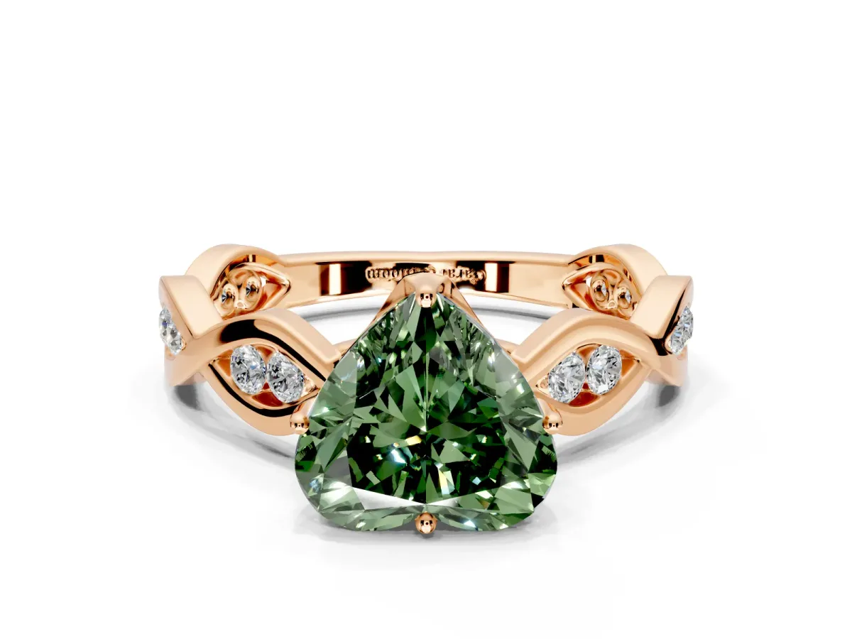 Solitaire Engagement Ring Setting for Fancy Green Heart-Shaped Center with Accented Twist Band and Leaf Prong Head in Rose Gold