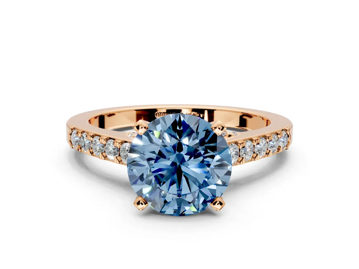 Solitaire Engagement Ring Setting for Fancy Blue Round Cut Center with Crossover Accents and Prong Head in Rose Gold