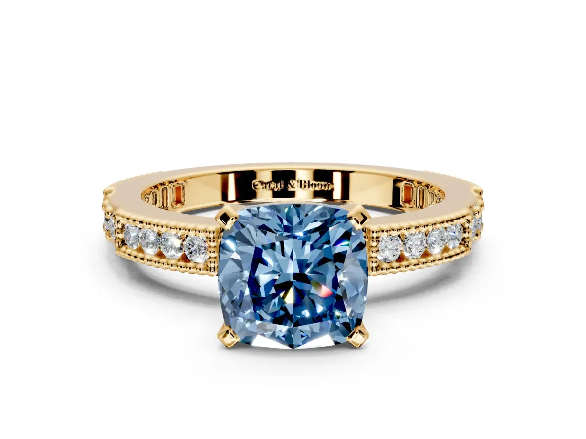 Solitaire Engagement Ring Setting for Fancy Blue Cushion Cut Center with Milgrain-Edged Pave Band and Prong Head in Yellow Gold