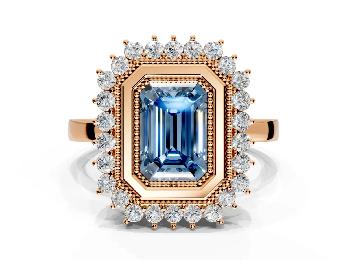Halo Engagement Ring Setting for Fancy Blue Emerald Cut Center with Milgrain Bezel Rim, Plain Band and Prong Head in Rose Gold