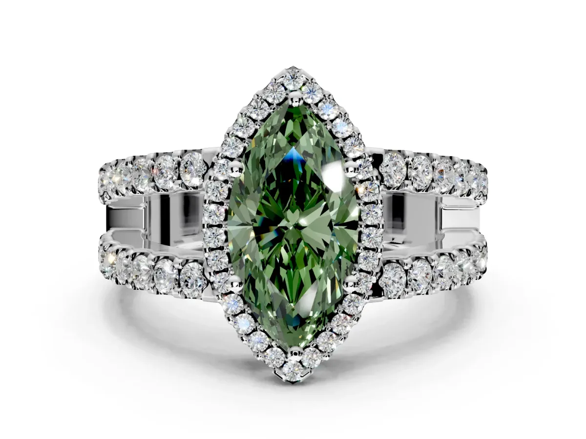 Halo Engagement Ring Setting for Fancy Green Marquise Center with Wide-Open Pave Split Shank and Prong Head in Platinum