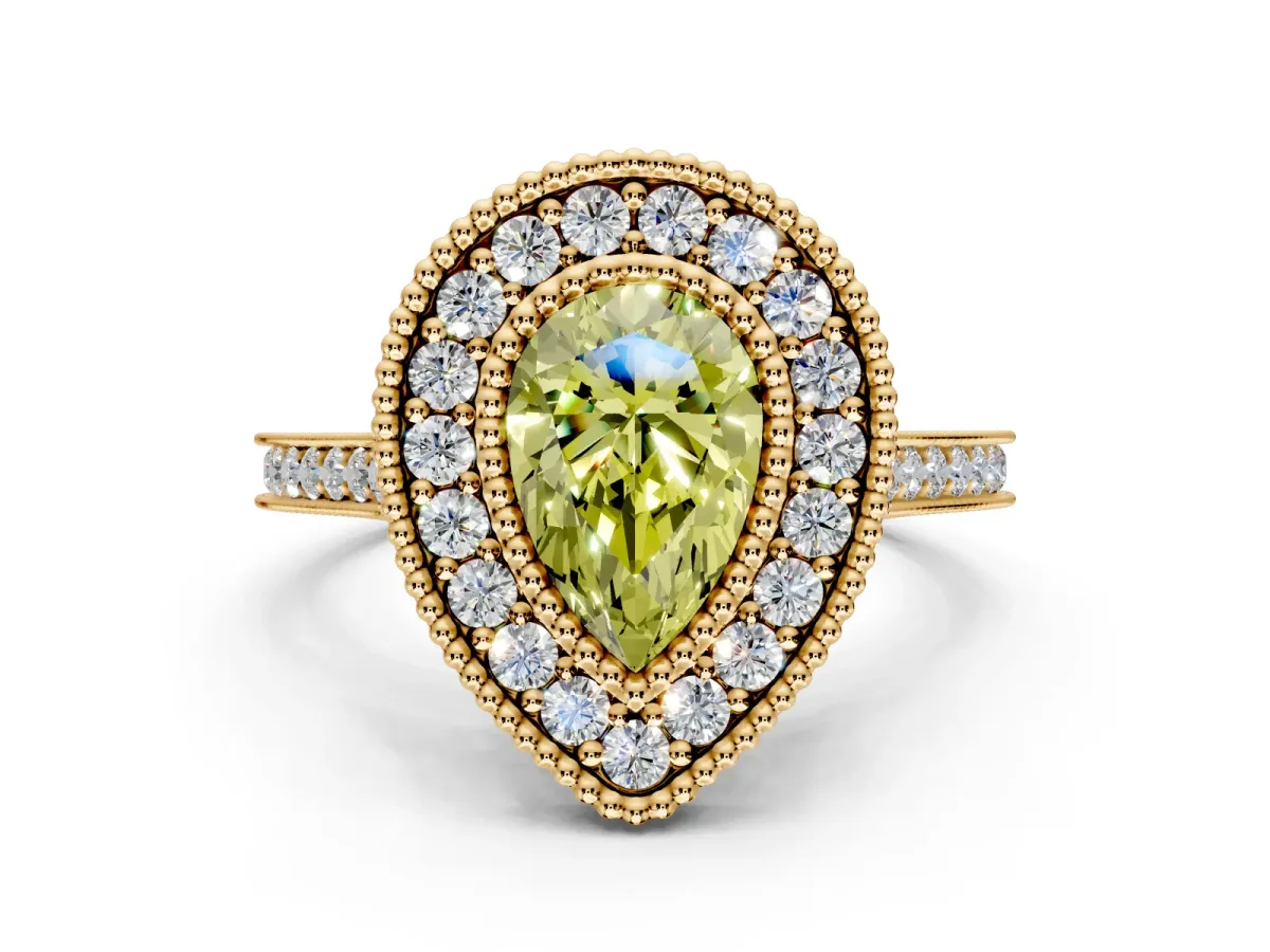 Halo Engagement Ring Setting for Fancy Yellow Pear-Shaped Center with Milgrain Frame, Pave Band and Prong Head in Yellow Gold