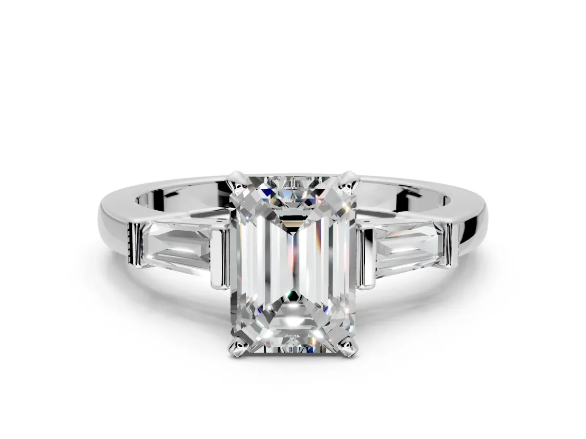 3 Stone Engagement Ring Setting for Emerald Cut Center with Channel Baguette Accents and Prong Head in Platinum