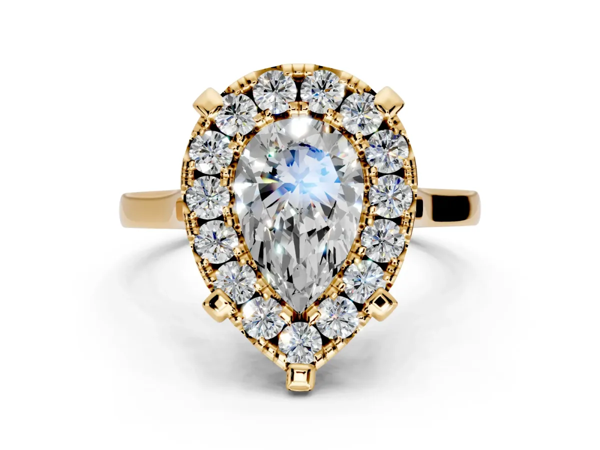 Single Halo Engagement Ring Setting for Pear-Shaped Center with Corner Claws, Plain Band and Prong Head in Yellow Gold
