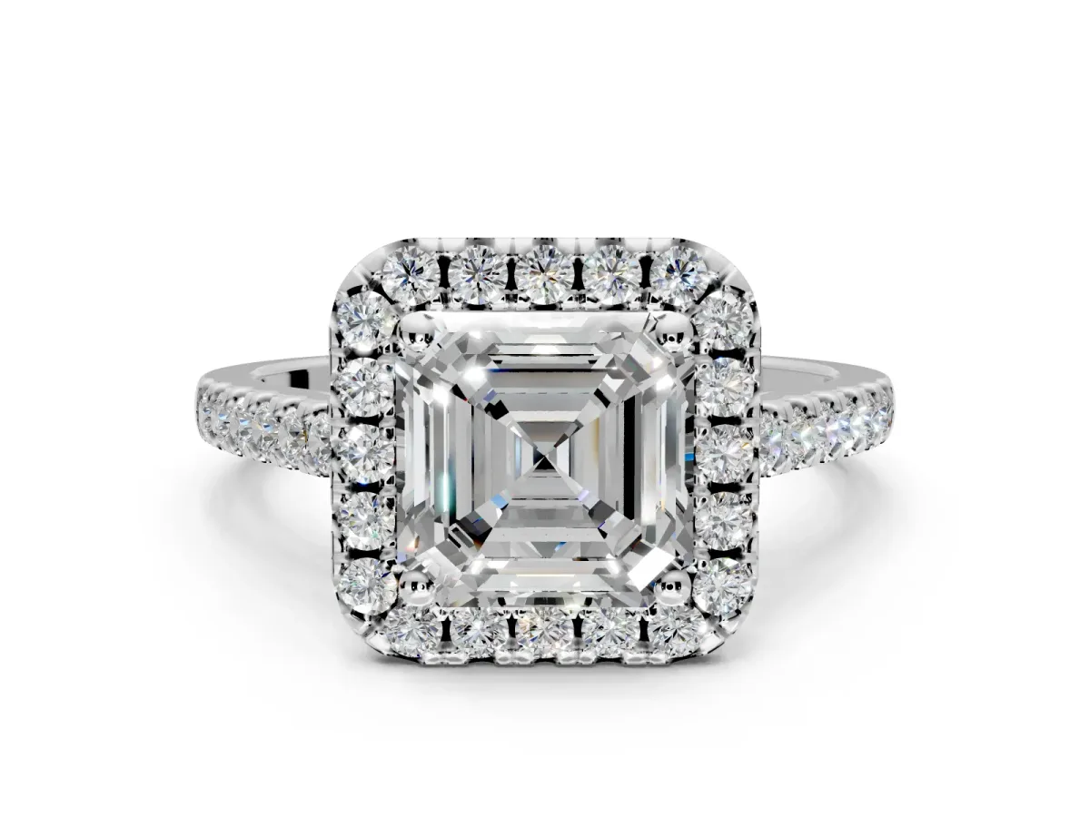 Halo Engagement Ring Setting for Asscher Cut Center with Raised Halo, Pave Band and Prong Head in Platinum