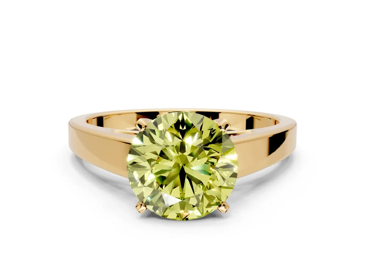 Solitaire Engagement Ring Setting for Fancy Yellow Round Cut Center with Tapered Split Shoulders and Prong Head in Yellow Gold