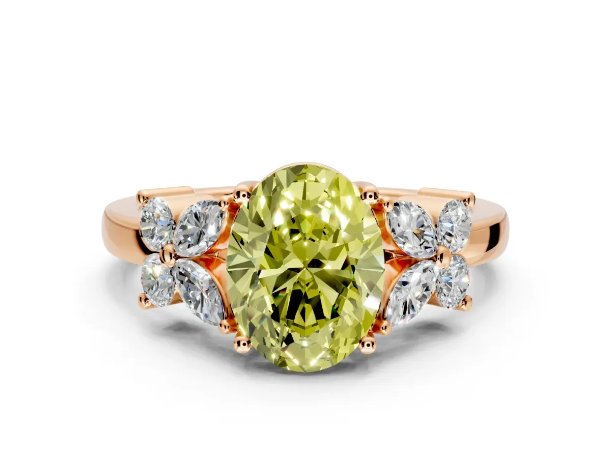 Floral Engagement Ring Setting for Fancy Yellow Oval Center with Marquise Cluster Shoulders and Prong Head in Rose Gold