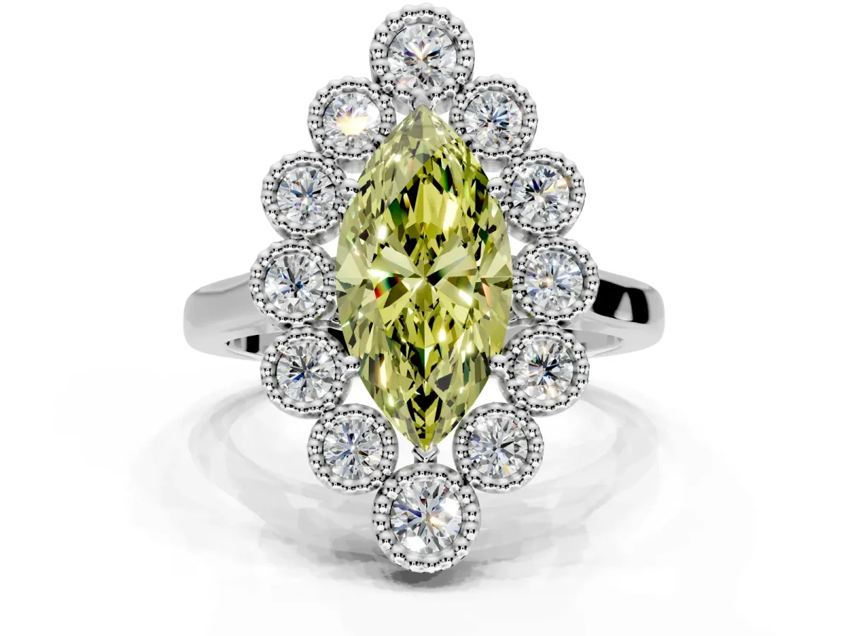 Cluster Halo Engagement Ring Setting for Fancy Yellow Marquise Center with Milgrain Bezel Accents and Prong Head in Sterling Silver