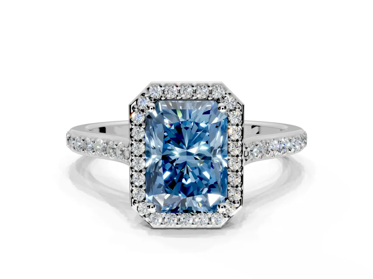 Halo Engagement Ring Setting for Fancy Blue Radiant Cut Center with Pave Accents, Heart Basket and Prong Head in Platinum
