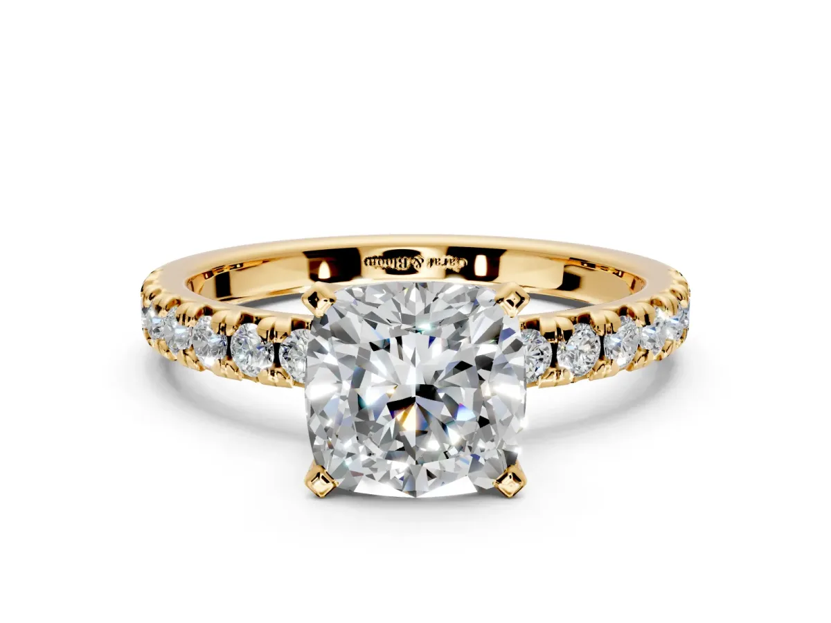 Solitaire Engagement Ring Setting for Cushion Cut Center with Large Accents and Prong Head in Yellow Gold
