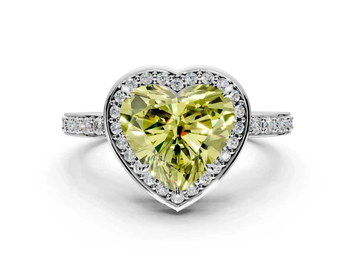 Halo Engagement Ring Setting for Fancy Yellow Heart-Shaped Center with Metal-Rimmed Halo, Pave Band and Prong Head in Platinum