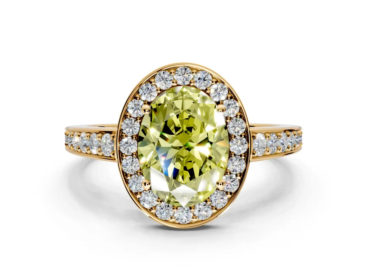 Bezel-Framed Halo Engagement Ring Setting for Fancy Yellow Oval Center with Pave Band and Prong Head in Yellow Gold