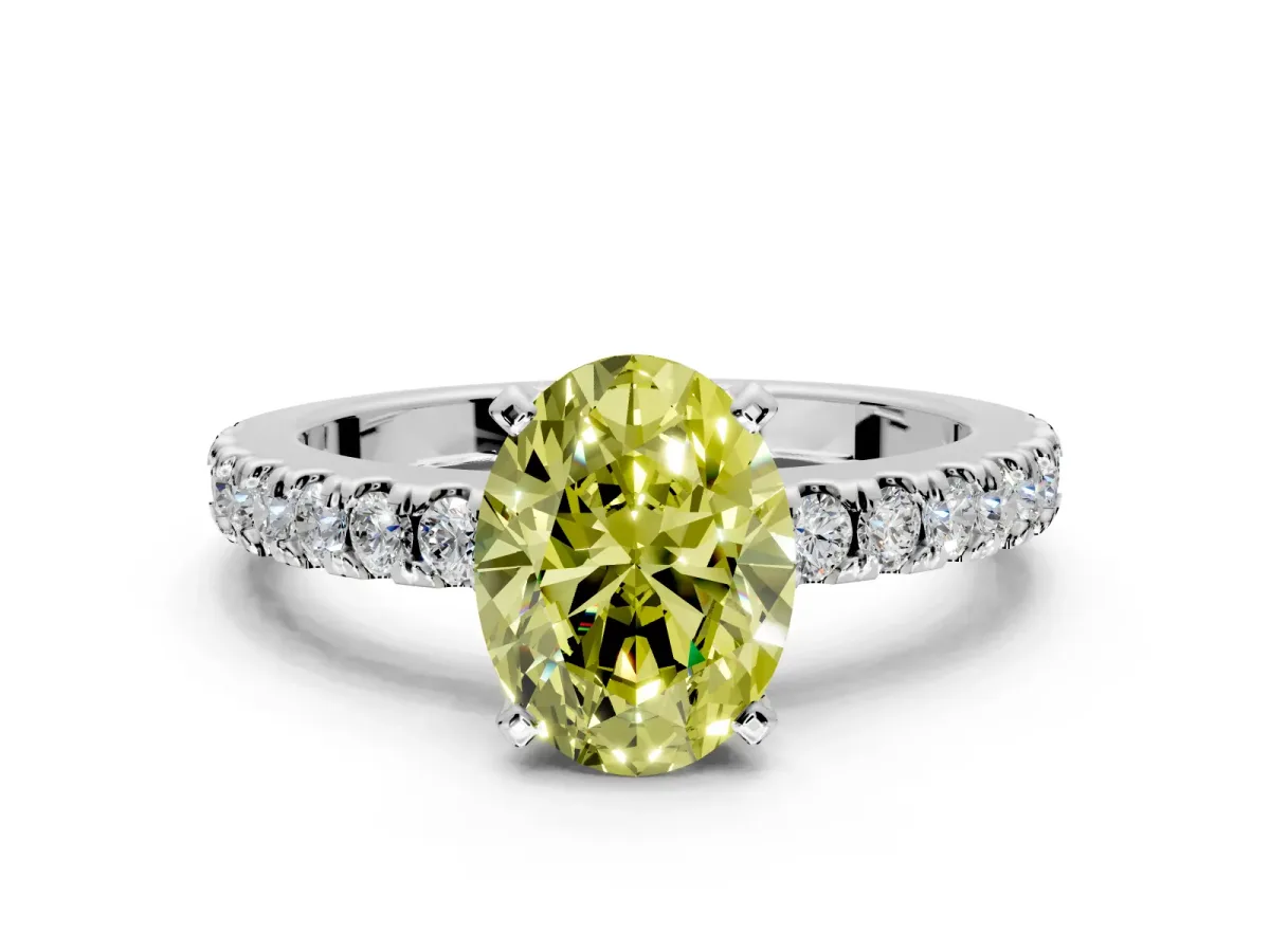 Solitaire Engagement Ring Setting for Fancy Yellow Oval Center with Single Row Accent Band and Prong Head in Sterling Silver