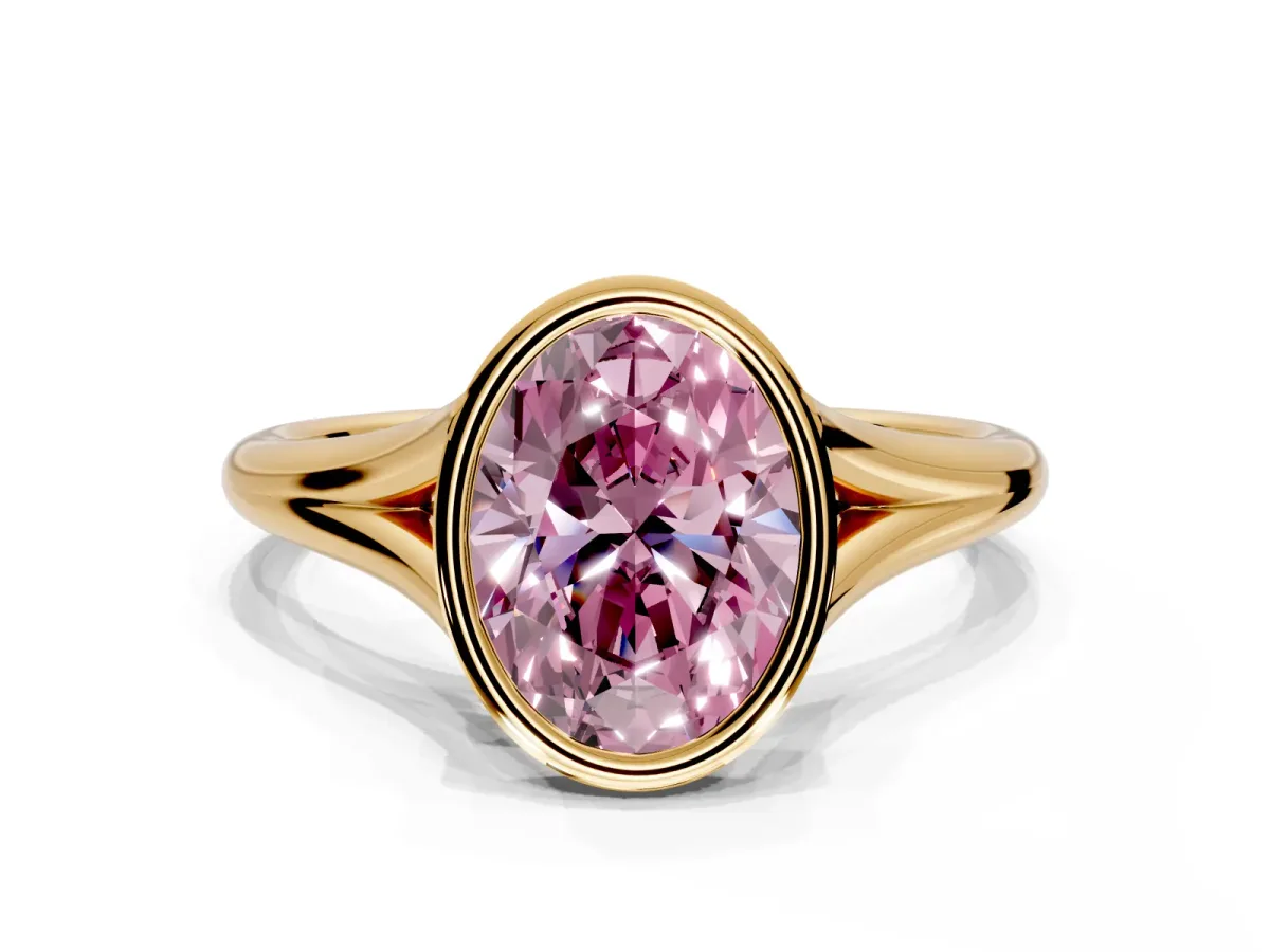 Solitaire Engagement Ring Setting for Fancy Pink Oval Center with V Split Shank and Bezel Head in Yellow Gold