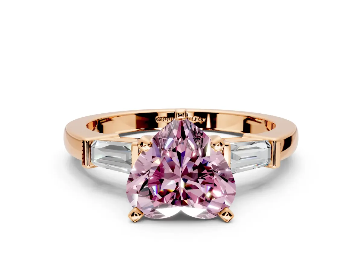 3 Stone Engagement Ring Setting for Fancy Pink Heart-Shaped Center with Channel Baguette Accents and Prong Head in Rose Gold